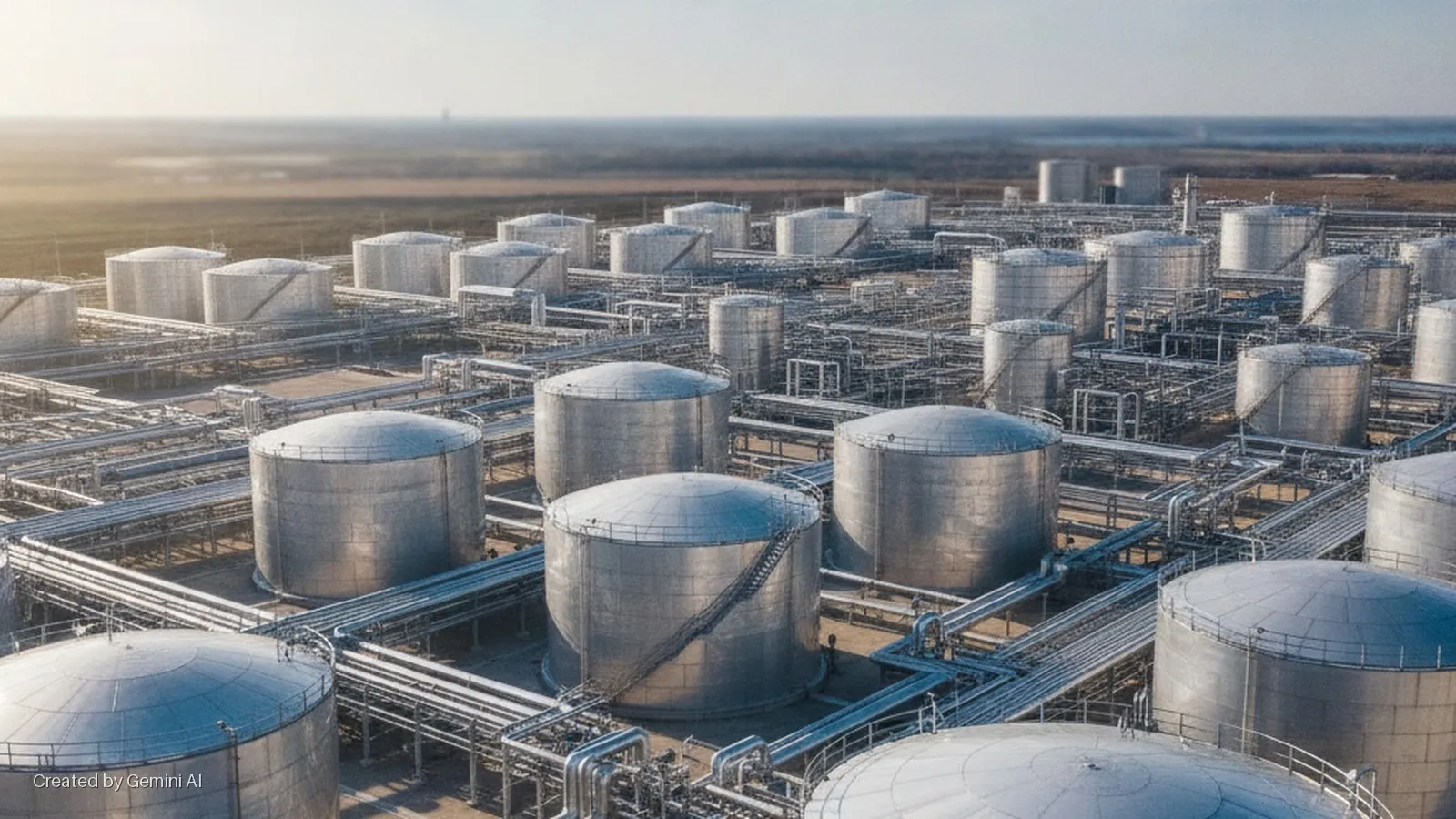 Aerial view of a vast array of silver industrial storage tanks and interconnected pipelines stretching across a flat, sunny landscape.
