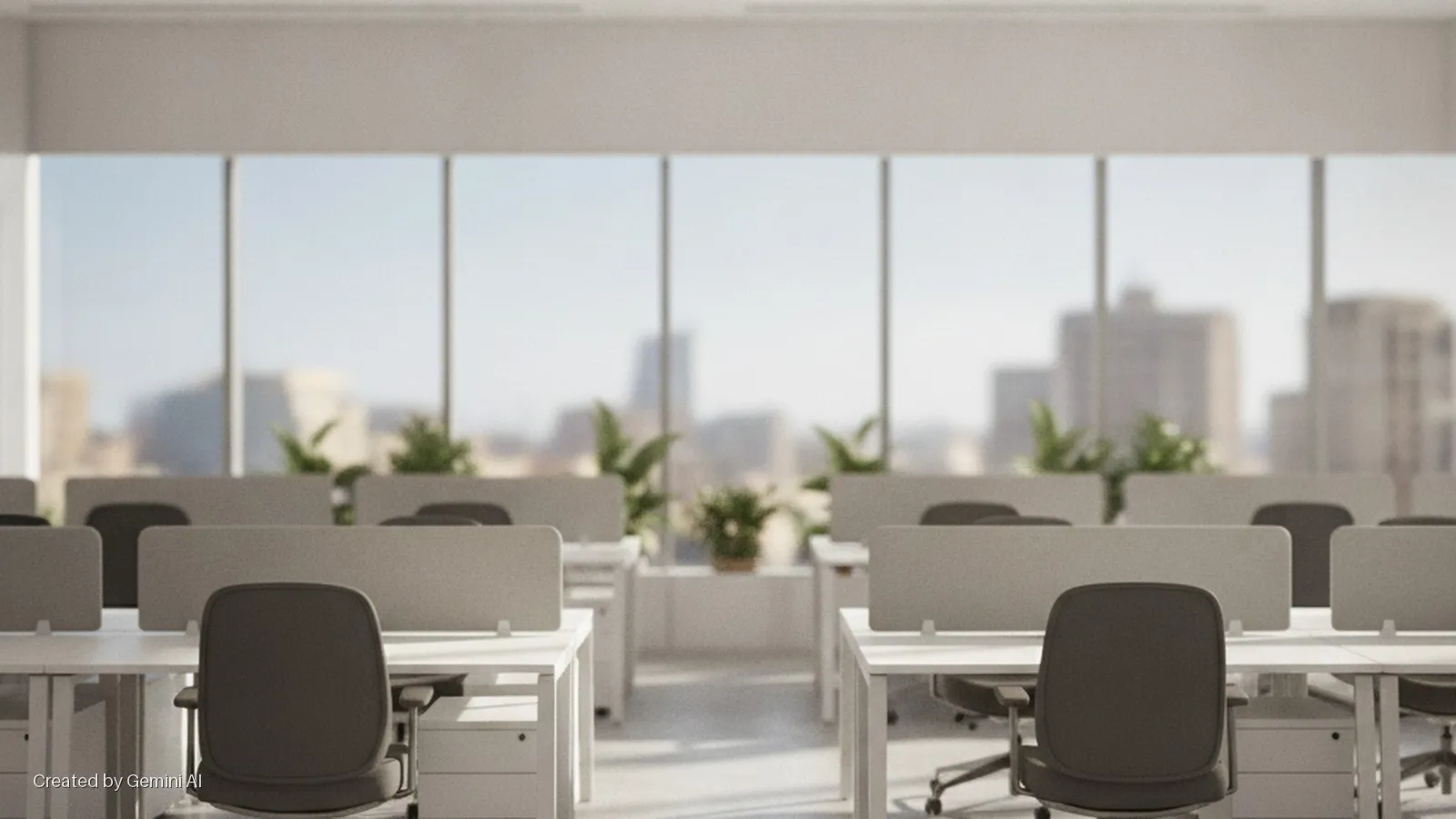 An open-plan office featuring several empty white desks with dark chairs and light grey privacy screens, illuminated by bright daylight from large windows overlooking a distant city.