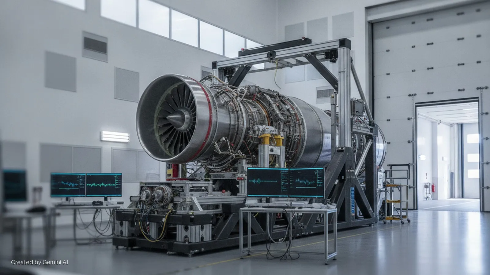 A large jet engine is mounted on a test rig alongside two data-displaying computer monitors in a brightly lit, clean industrial facility with a large, partially open bay door.