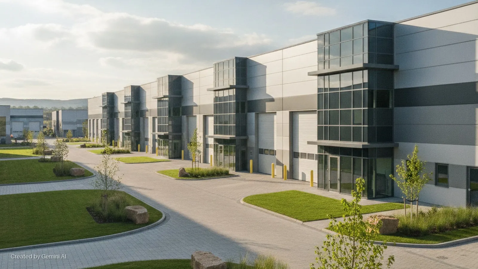 A row of modern industrial park buildings featuring glass facades and loading docks, set amidst paved roads and green landscaping under bright, partly cloudy daylight.
