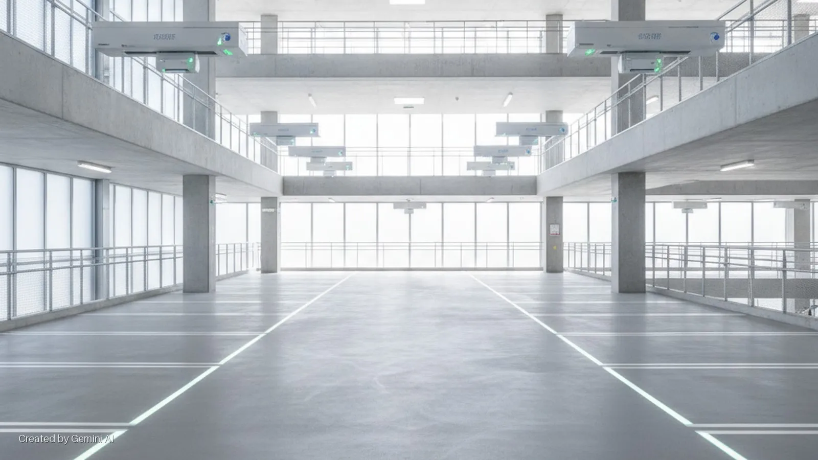 Bright, multi-level concrete parking garage interior features large windows, metal railings, ceiling-mounted ventilation units, fluorescent lighting, and glowing white parking lines on the floor.