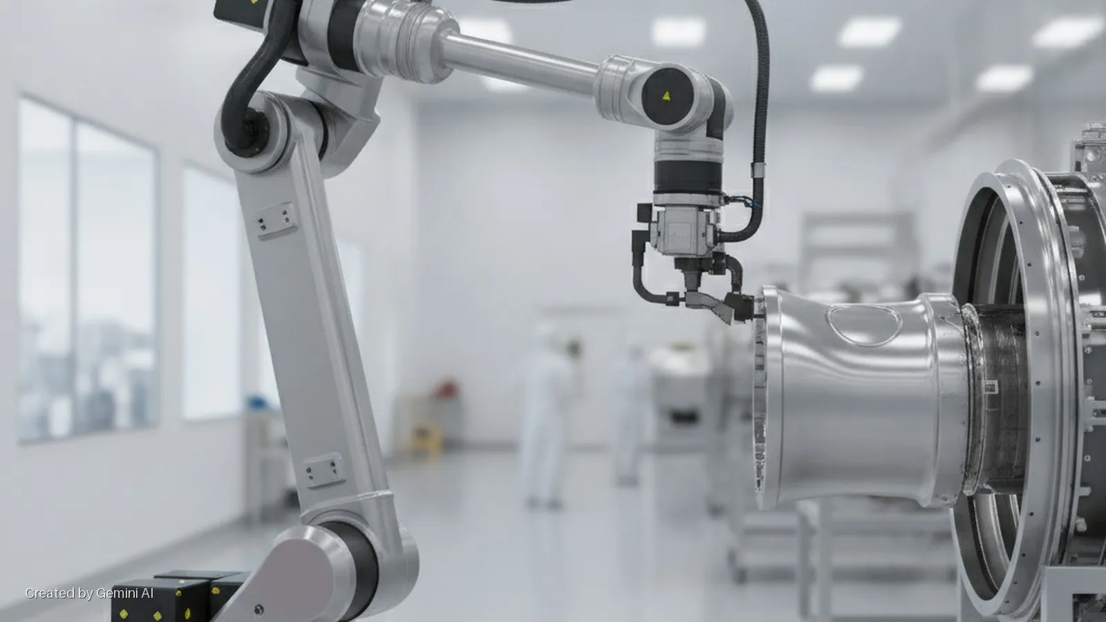 A robotic arm precisely positions a metallic component within a larger assembly in a brightly lit cleanroom, with blurred figures in white suits and large windows in the background.
