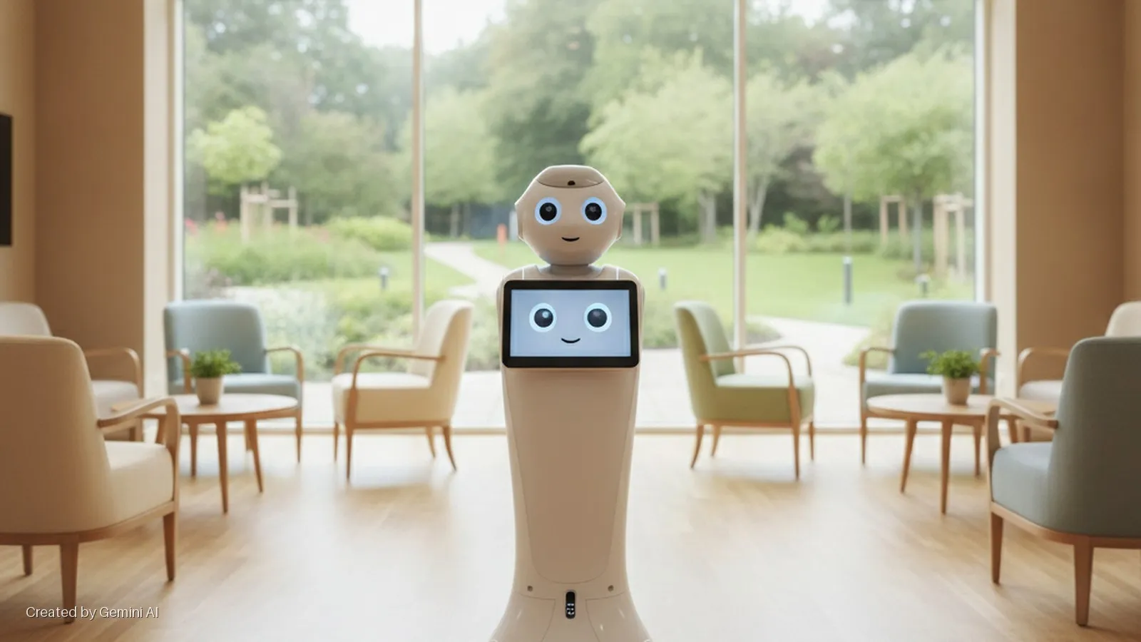 A cream humanoid robot with a smiling screen face stands in a brightly lit waiting room furnished with various armchairs and small tables with potted plants, overlooking a green outdoor garden through large windows.