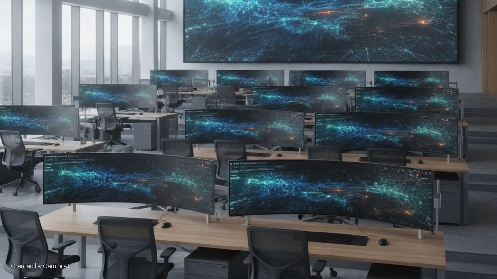 Brightly lit modern office featuring rows of desks, ergonomic chairs, and numerous computer monitors displaying abstract blue and green data patterns, with a large wall-mounted screen and large windows overlooking a city.