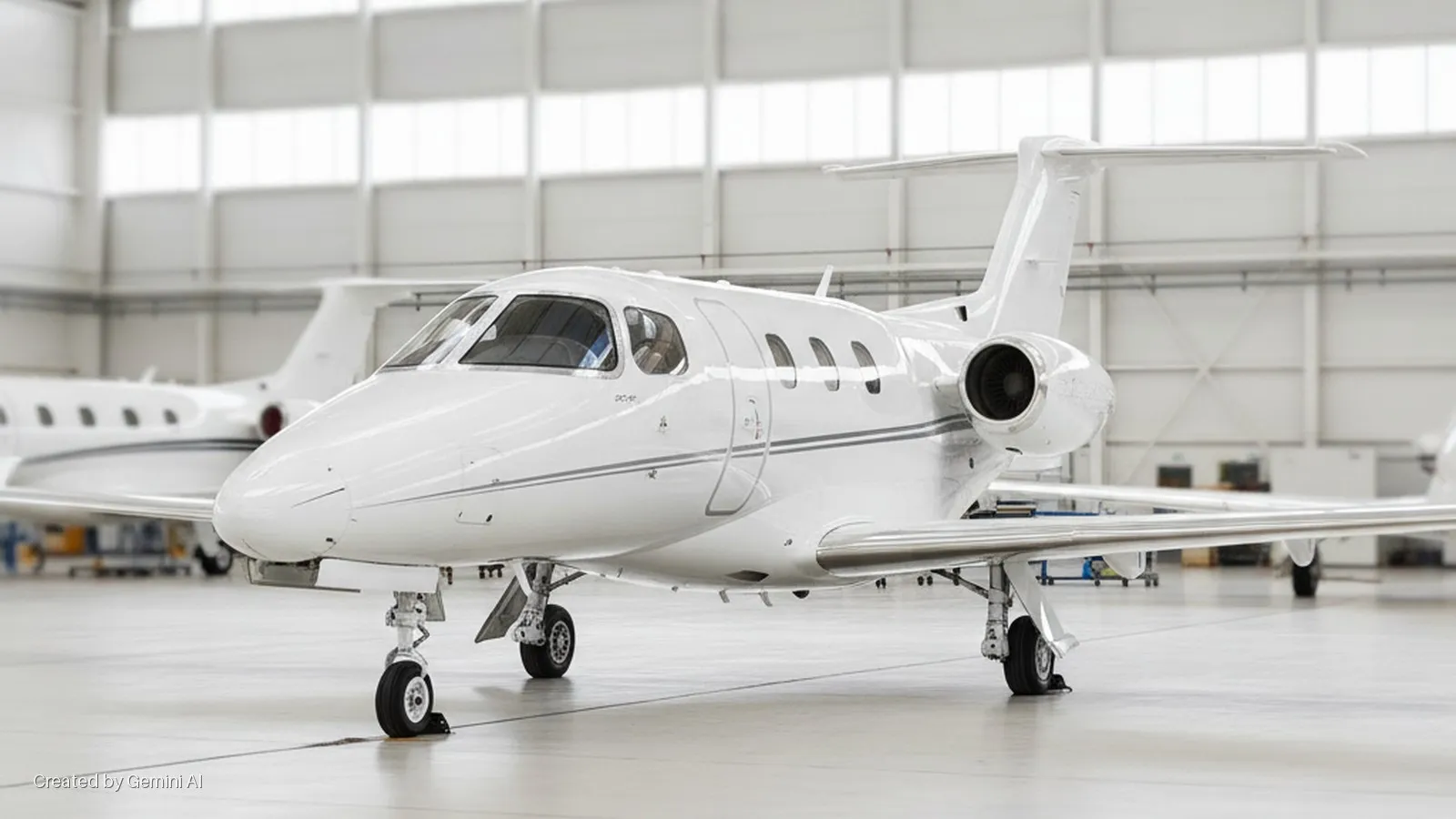 A white private jet with grey stripes is parked inside a brightly lit hangar, with another white jet partially visible in the blurred background.