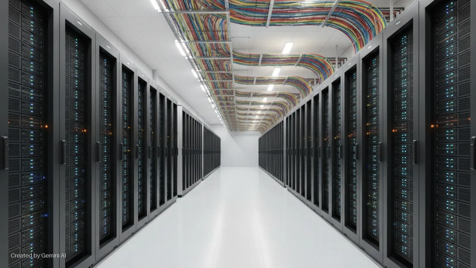 A brightly lit data center aisle features symmetrical rows of dark server racks with glowing blue and amber lights, a reflective white floor, and overhead trays filled with multicolored network cables.