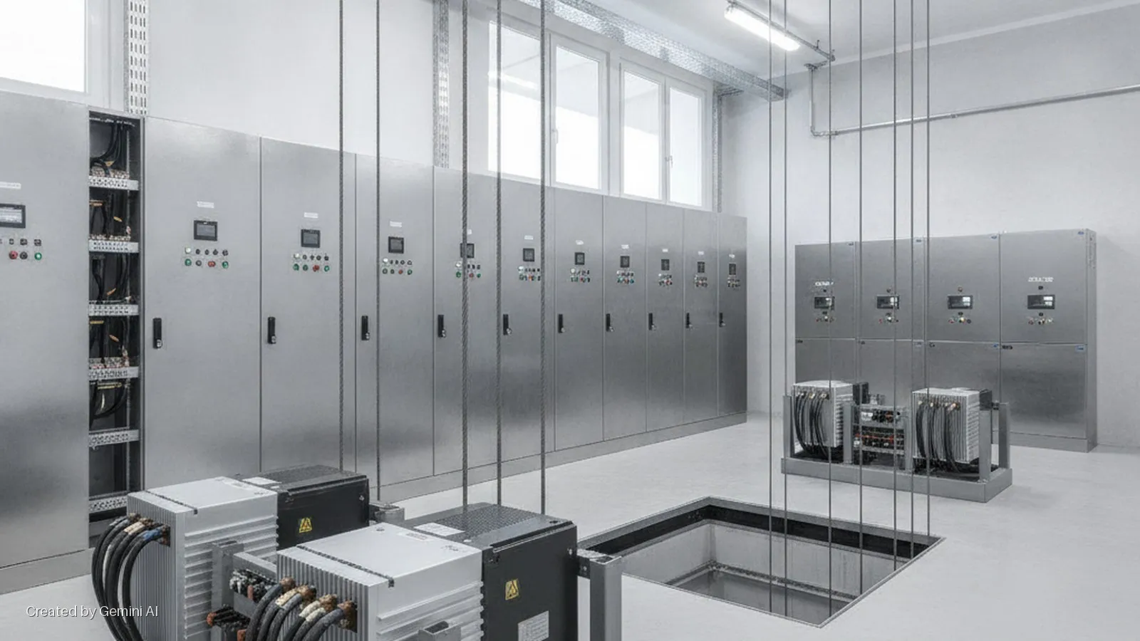 A well-lit industrial equipment room features rows of metal electrical cabinets, several floor-mounted power units with exposed cabling, an open floor pit, and is illuminated by overhead fluorescent lights and natural light from windows.