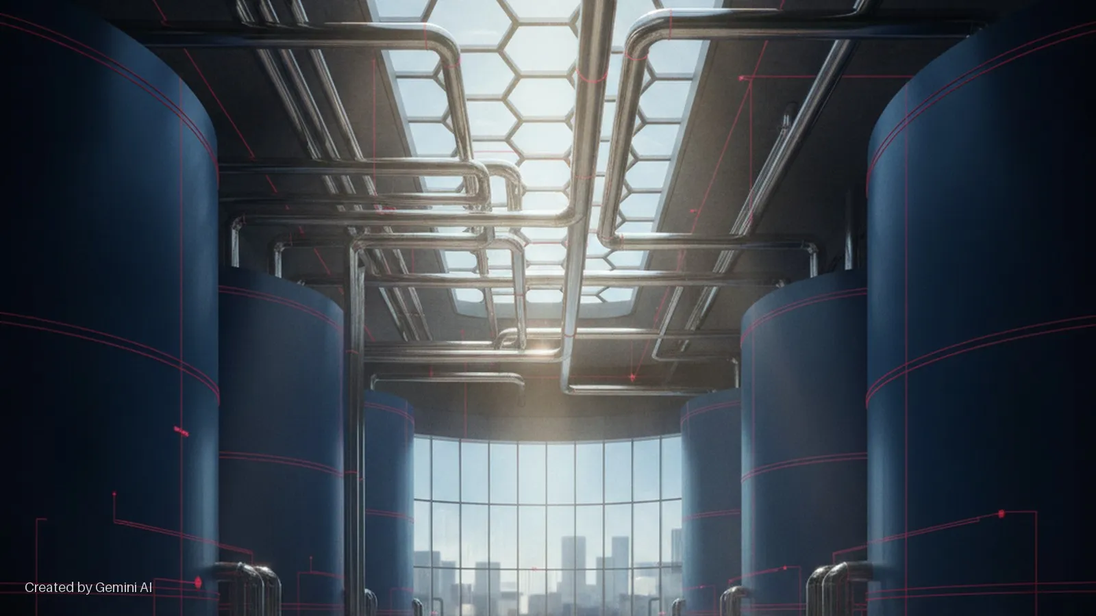 An industrial interior features large dark tanks, an overhead network of metal pipes and honeycomb skylights, and a panoramic window overlooking a city skyline, all highlighted by bright natural light and red circuit lines.