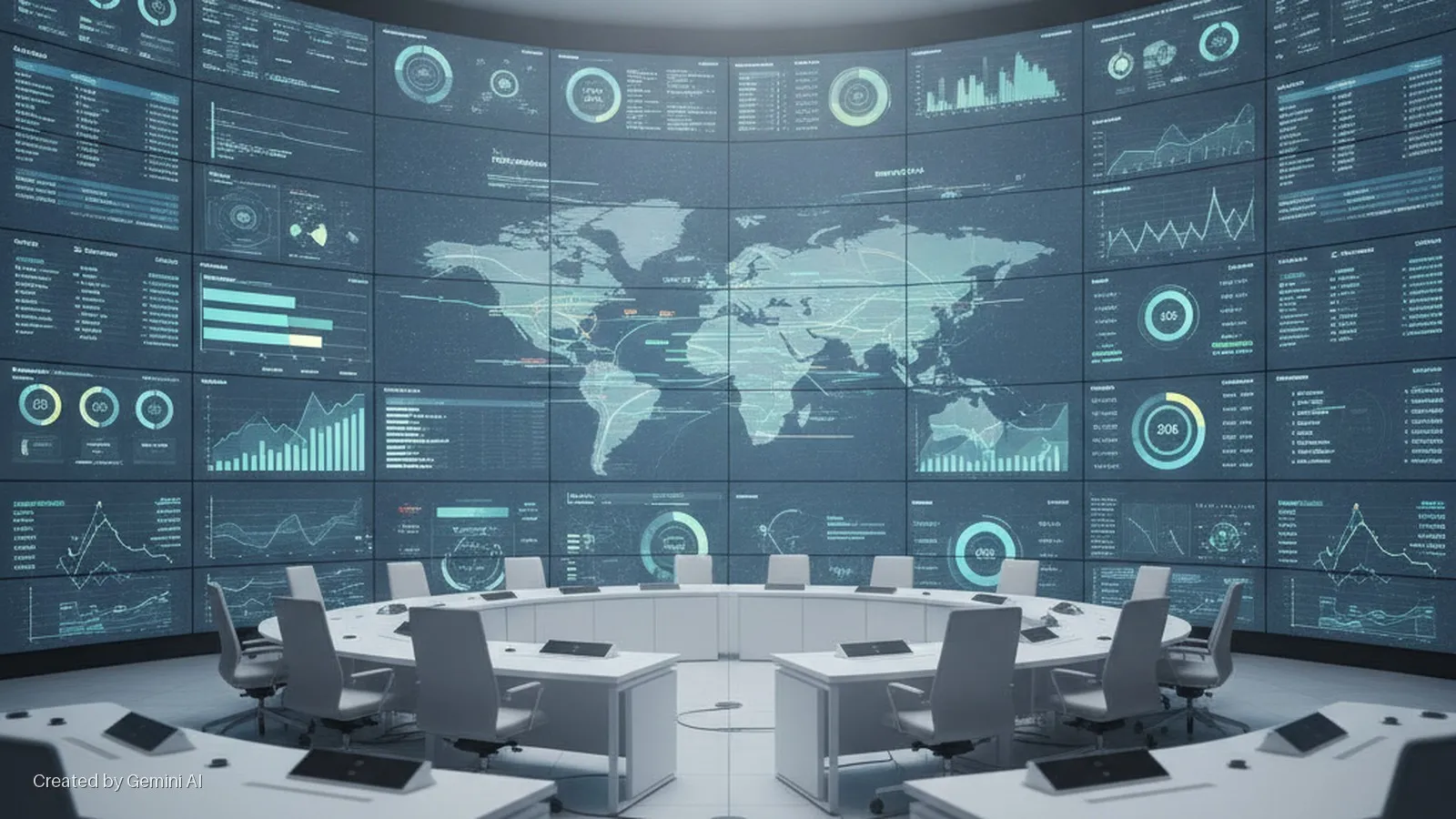 A modern control room features a curved wall of interconnected digital displays showing a world map with network lines, various charts, graphs, and data, surrounding white U-shaped conference tables with light-colored chairs, all under brig