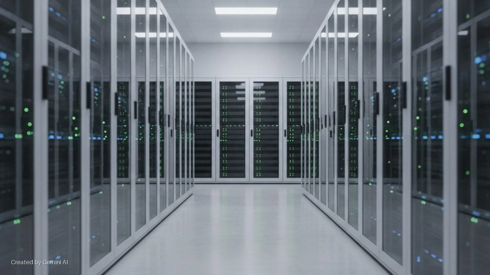 A data center corridor illuminated by overhead fluorescent lights, with rows of server racks enclosed by glass doors showing numerous blinking green and blue indicator lights.