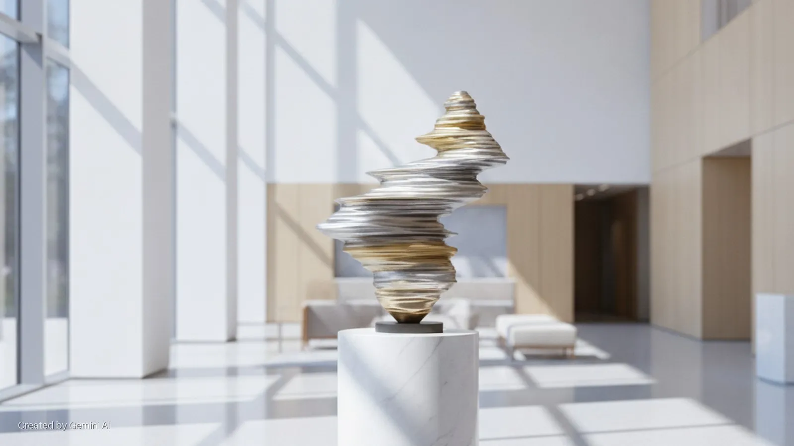 A modern abstract sculpture with silver and gold spiraling layers rests on a marble pedestal in a bright, sunlit contemporary interior featuring large windows, white columns, and light wood paneling.