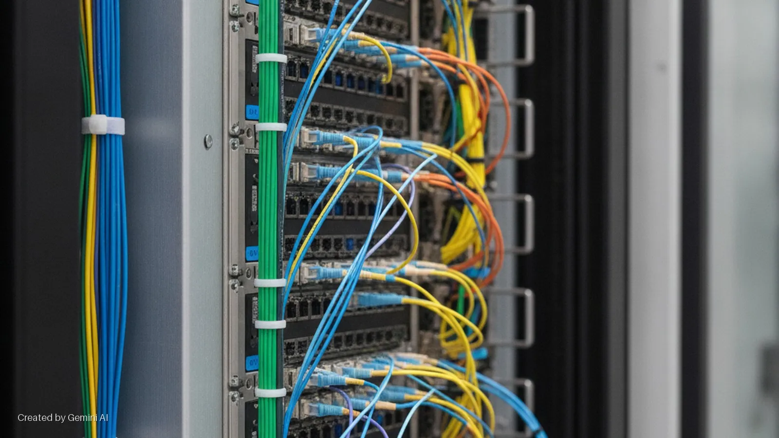 Colorful blue, yellow, green, and orange network cables are neatly organized with white ties on network equipment within a brightly lit data center rack.