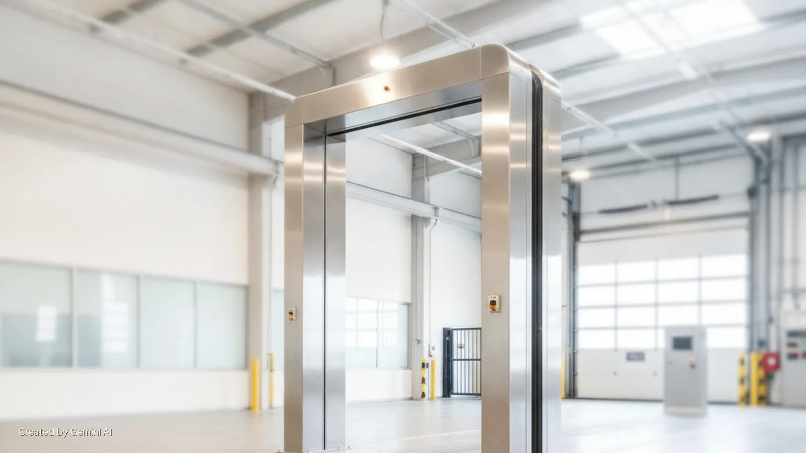 A modern, brightly lit brushed metal walk-through entry system with a top indicator light and side control buttons stands in a clean, empty industrial space with large windows and roll-up doors in the background.