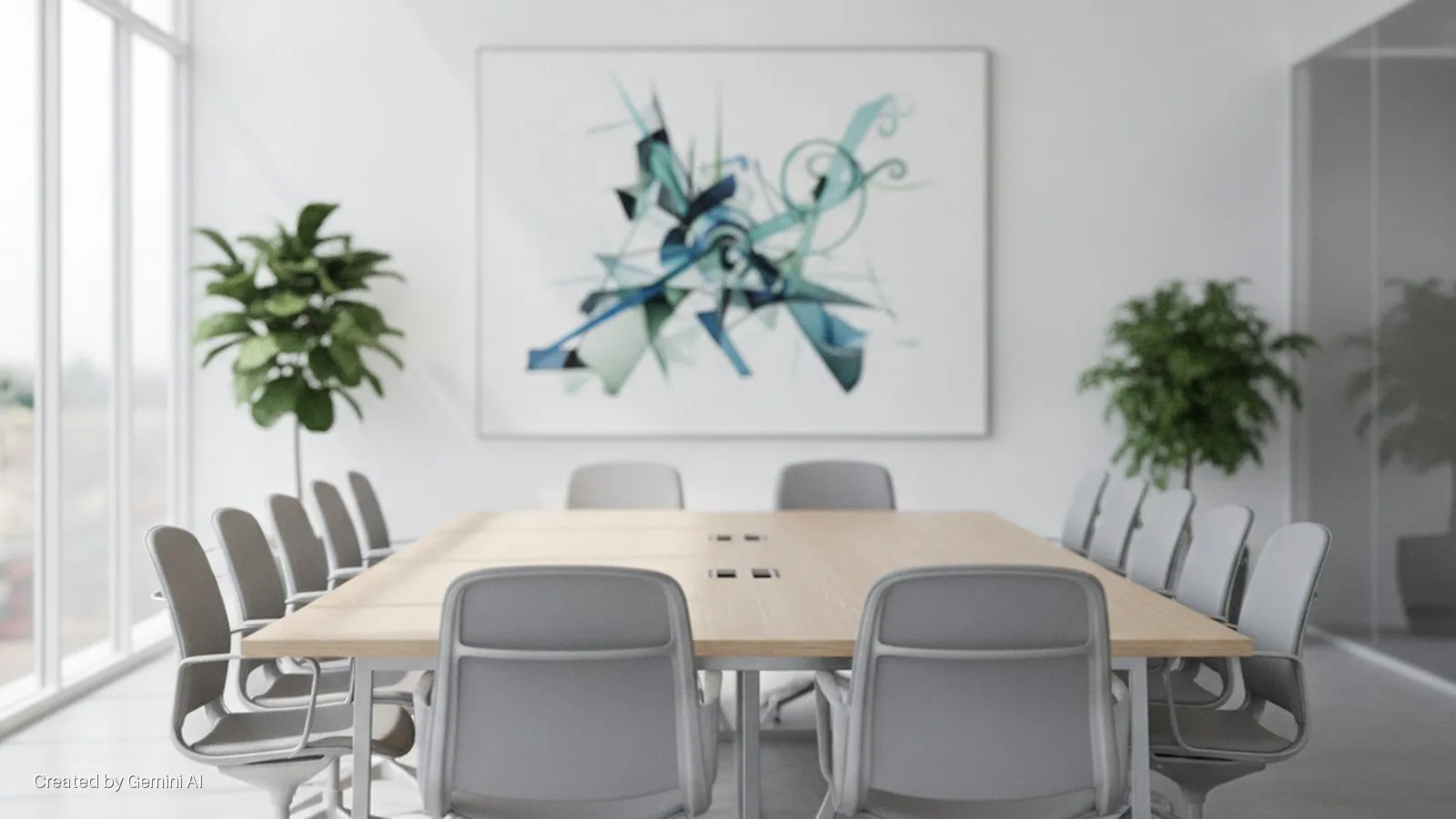 A bright, naturally lit modern conference room features a long wooden table surrounded by grey office chairs, tall windows on the left, a large abstract blue and green artwork on the back wall, and two potted plants.