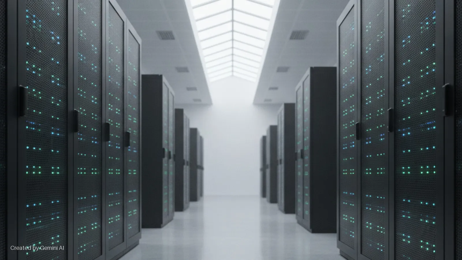 A data center aisle with rows of black server racks showing glowing green and blue LED lights, lit by bright overhead skylights.