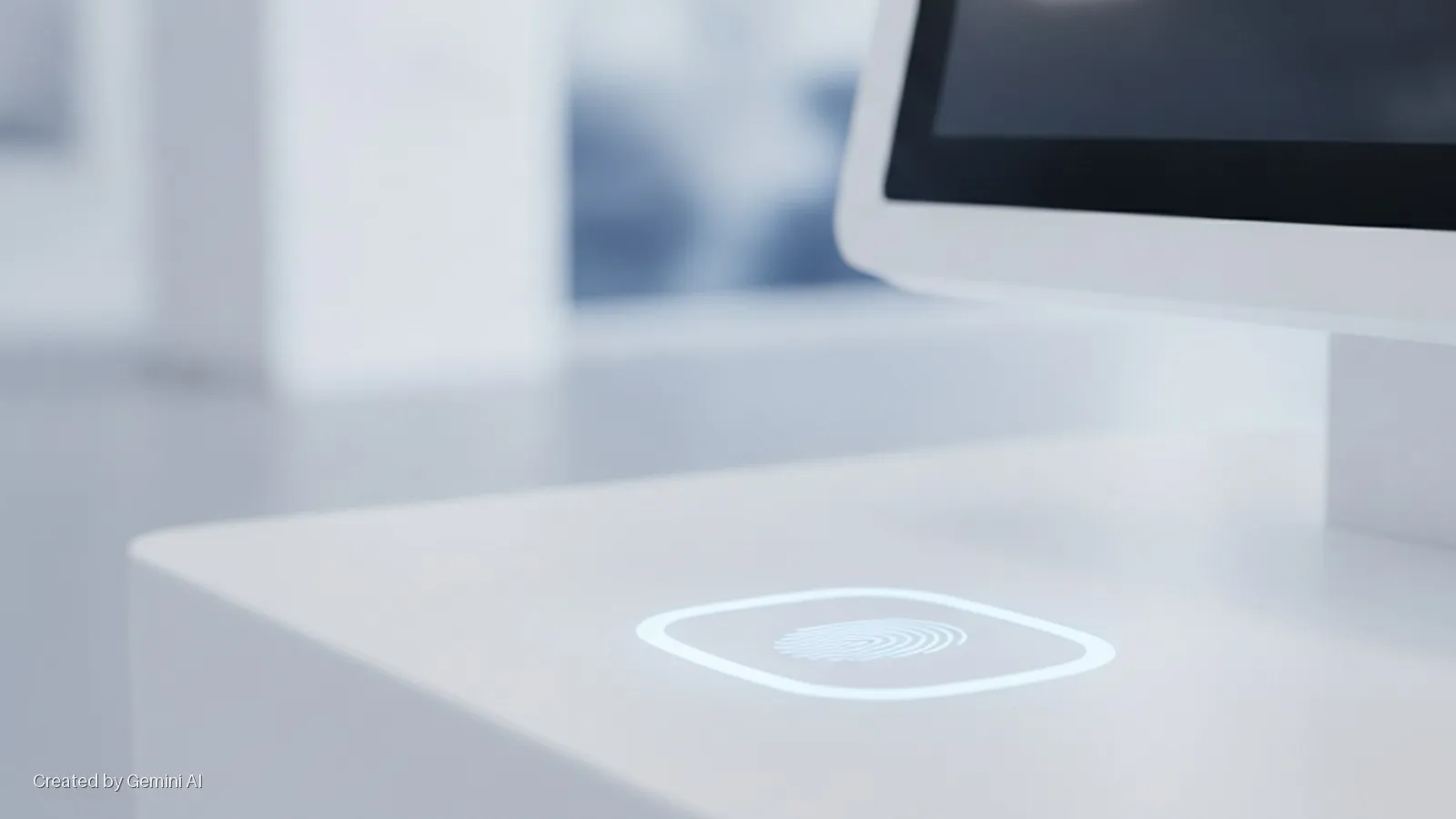 A bright, glowing fingerprint icon is embedded in a sleek white counter below a digital screen, within a well-lit, minimalist interior.