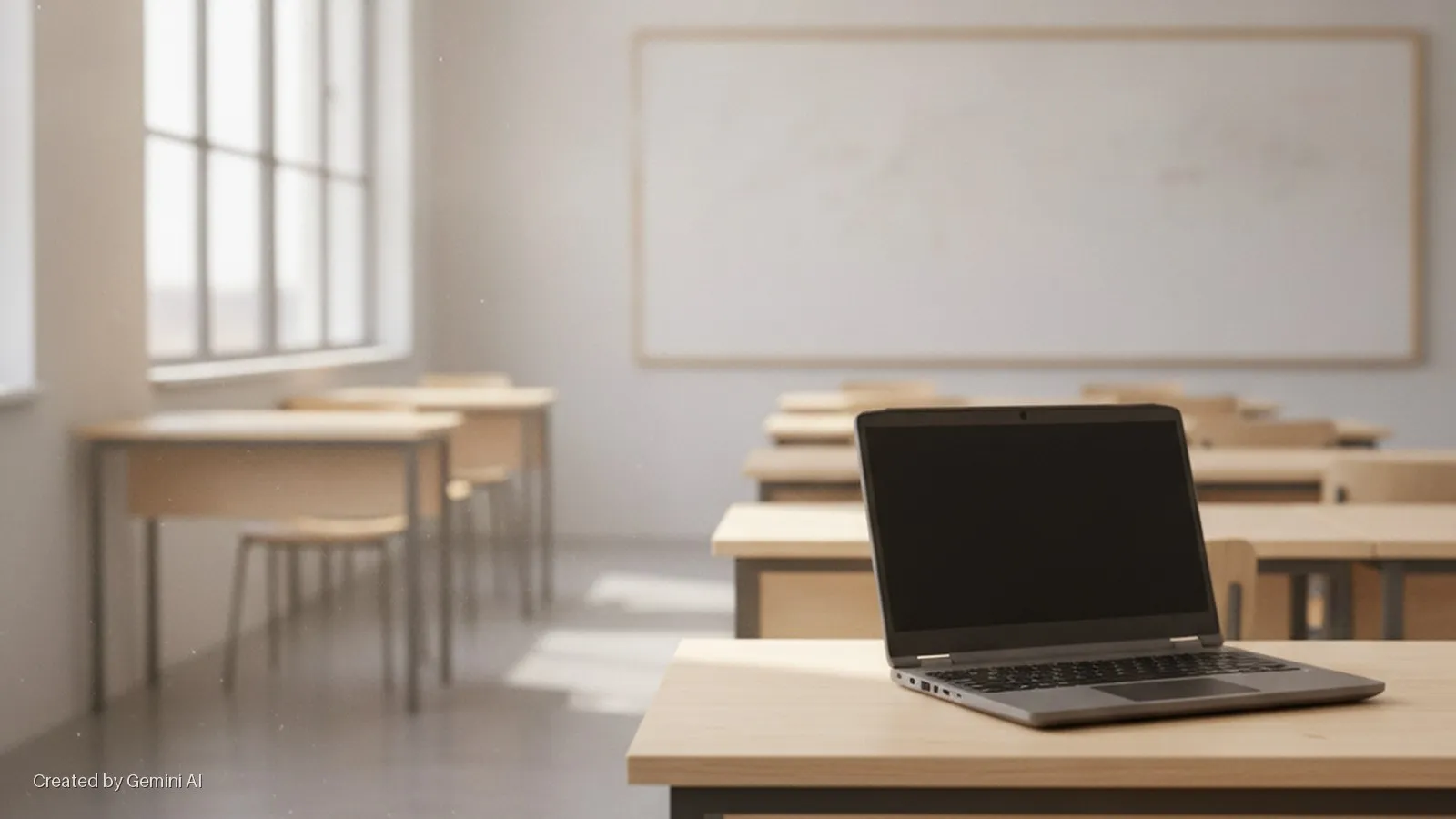 A dark laptop sits open on a light wooden desk in the foreground of an empty, sunlit classroom with blurred rows of desks and chairs, a window on the left, and a whiteboard at the back.