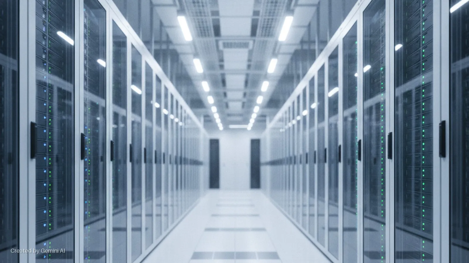 A long data center hallway is lined with server cabinets displaying green and blue indicator lights, illuminated by bright overhead ceiling lights.