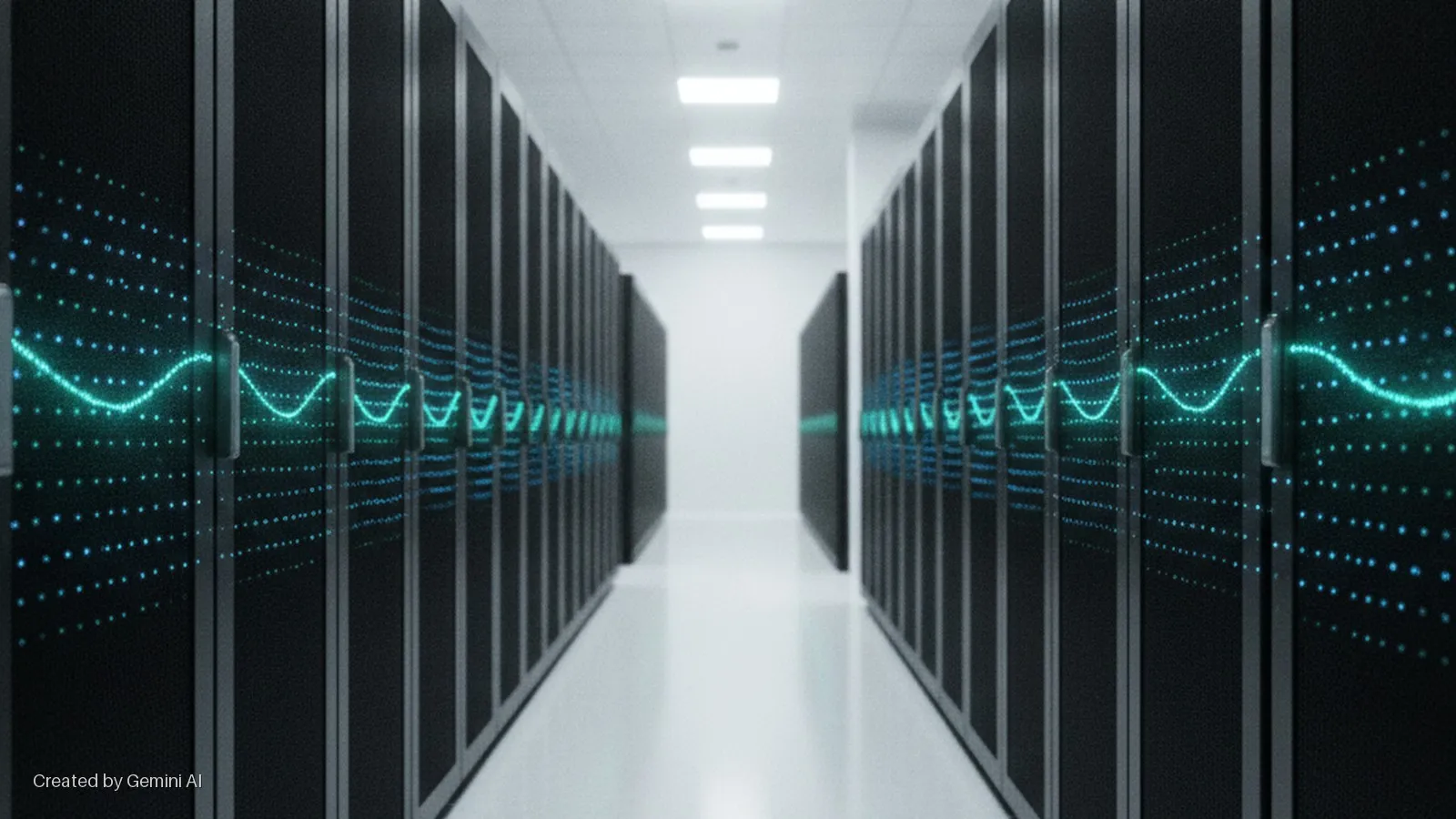 A brightly lit data center aisle features parallel rows of black server racks displaying glowing teal digital waveforms and blue data patterns.