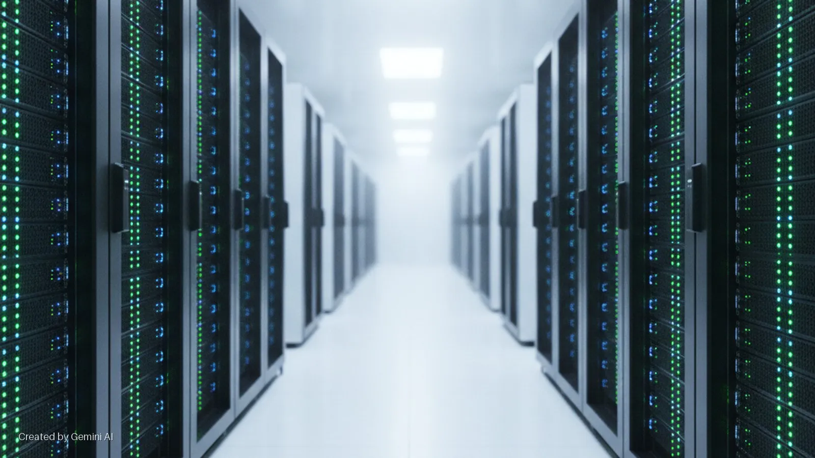 A brightly lit data center aisle features parallel rows of black server racks displaying glowing green and blue indicator lights, extending into the distance under overhead fluorescent lighting.