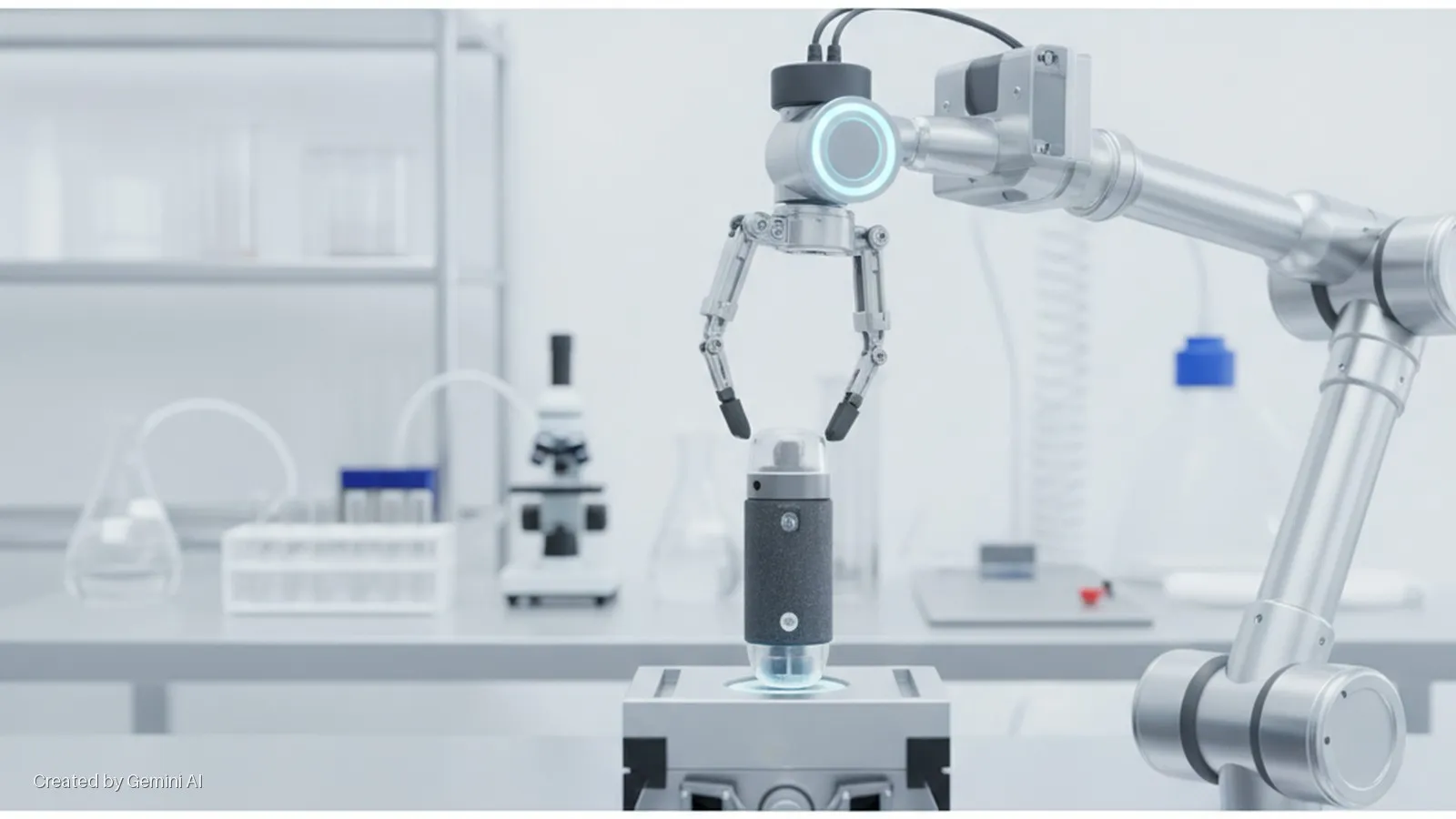 A brightly lit laboratory features a silver robotic arm positioned above a glowing cylindrical device on a platform, with a microscope, flasks, and test tubes on a lab bench in the background.