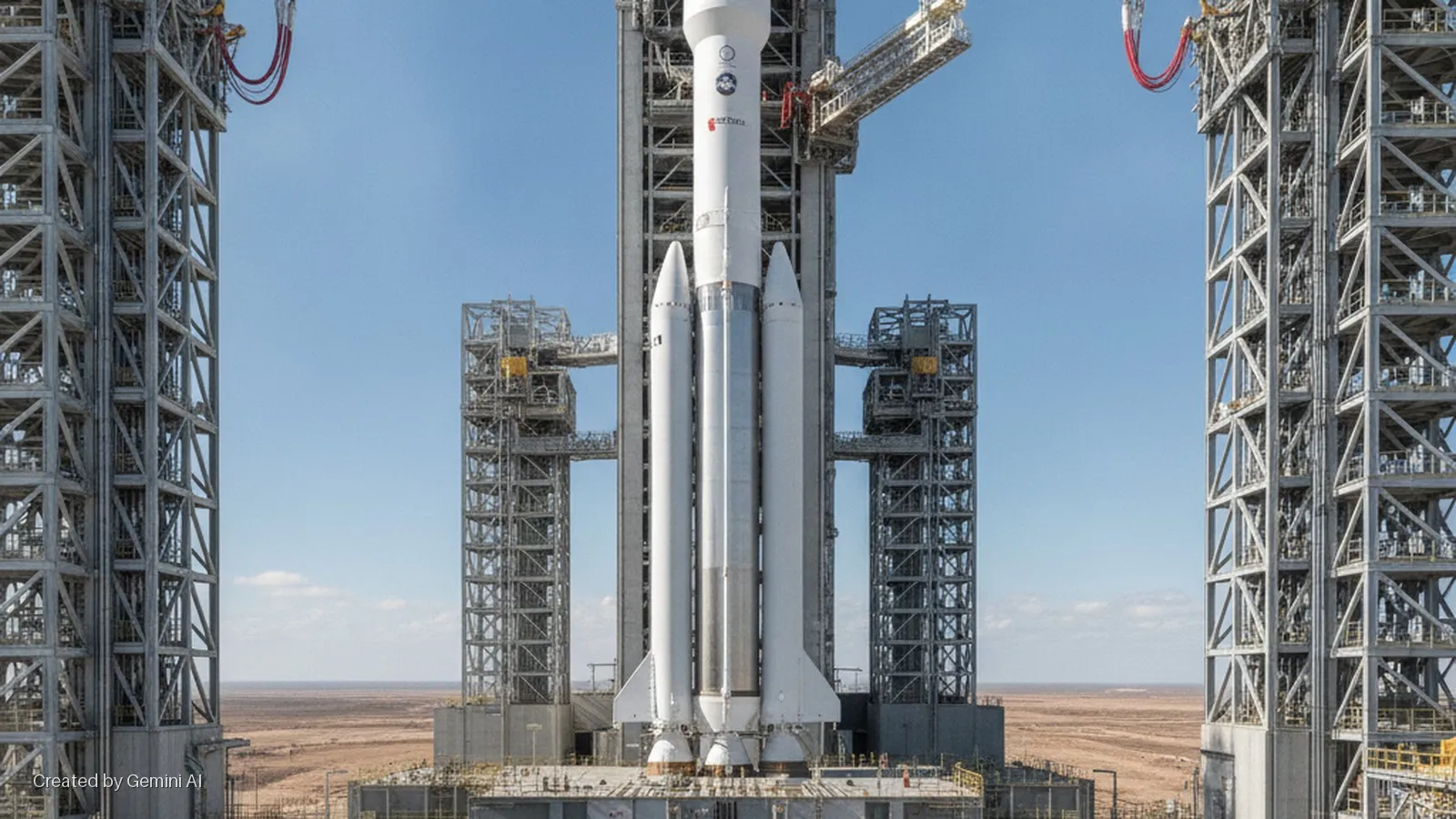 A large white rocket with multiple boosters stands on a launchpad, flanked by tall launch service structures and umbilical connections, against a clear blue sky over a desert landscape in bright daylight.