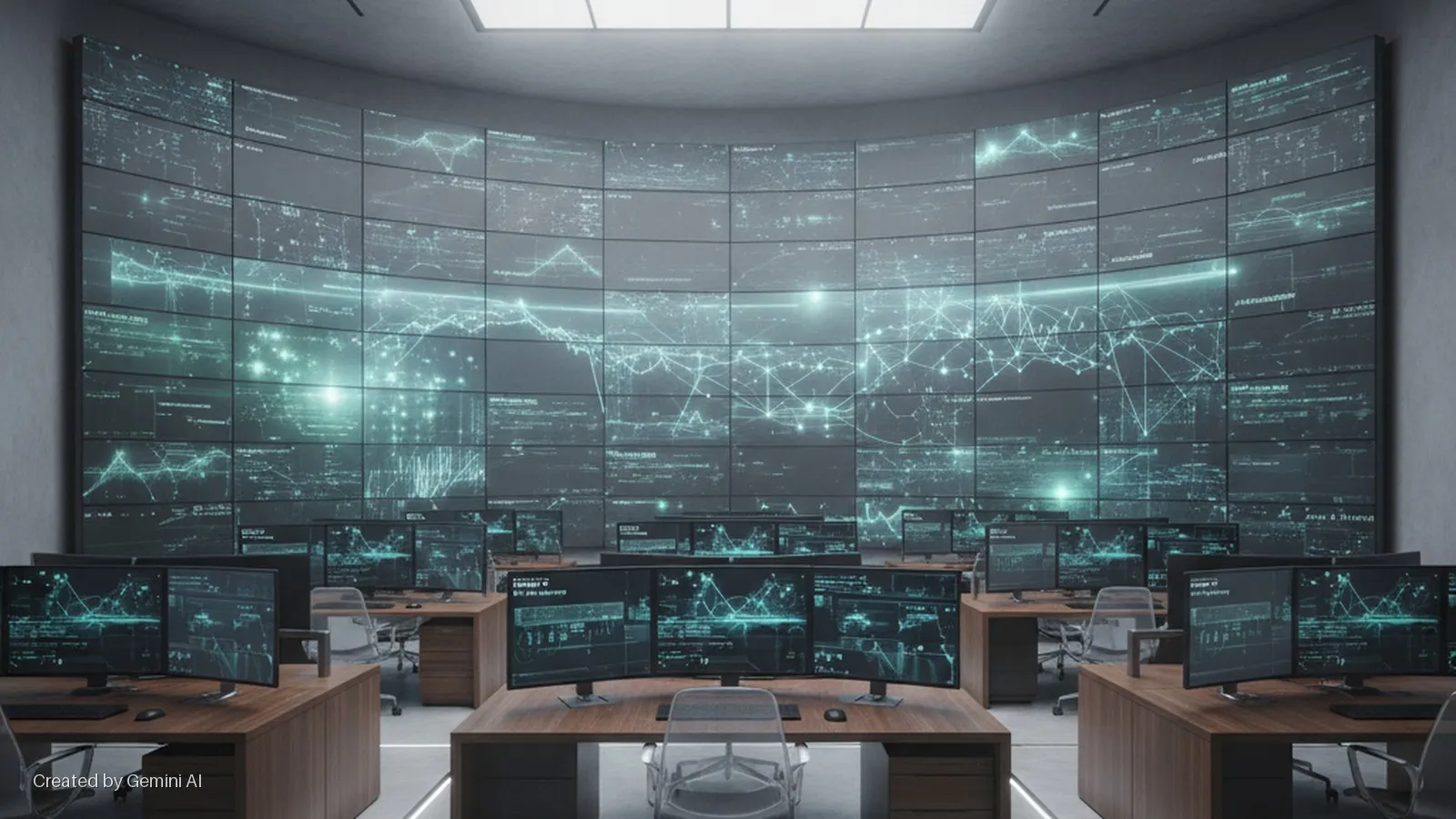 A dark control room features a large, curved video wall displaying bright blue-green data graphics, flanked by multiple workstations with several computer monitors showing similar digital information, illuminated by the glowing screens and 