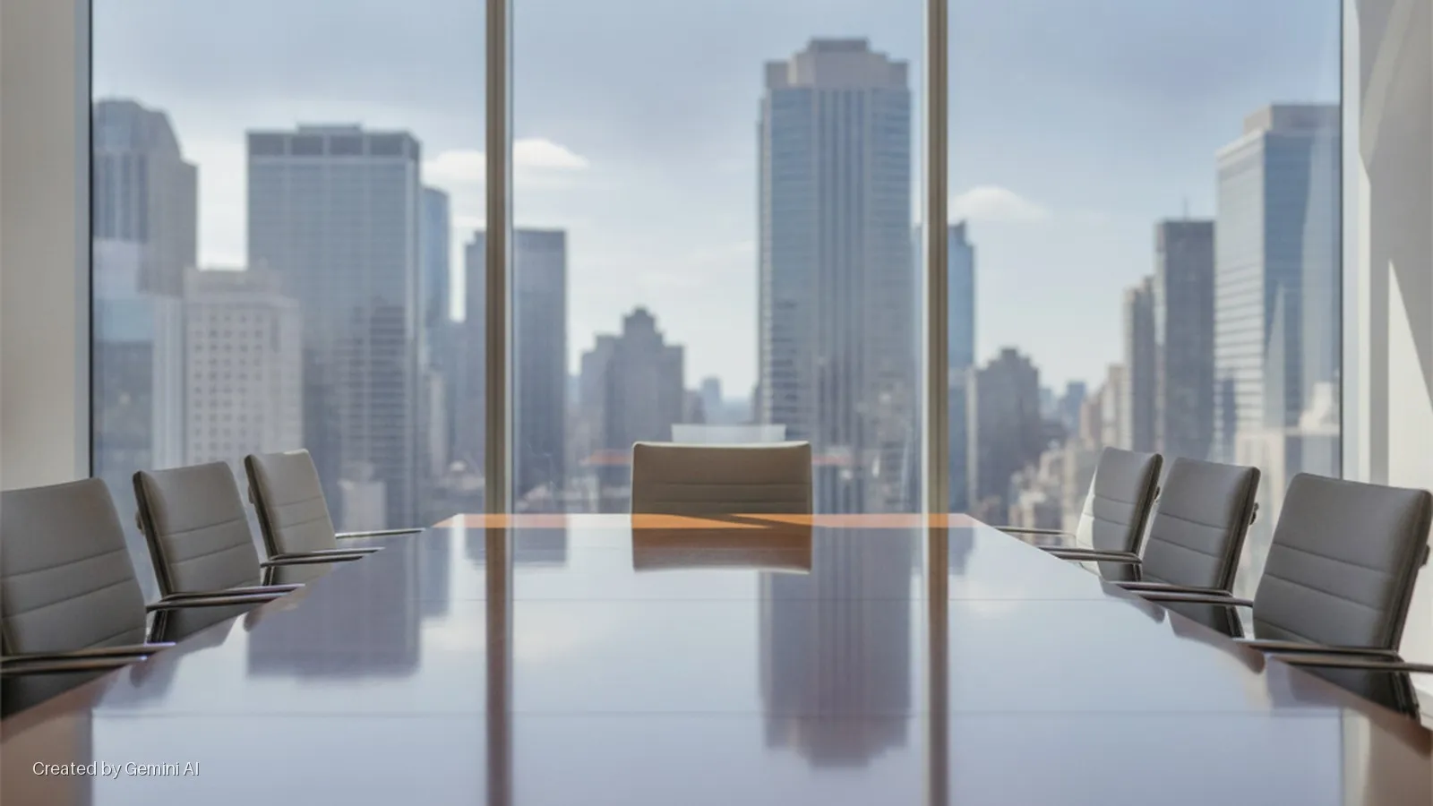 A modern conference room features a long polished table and ergonomic chairs, with large windows offering a sunlit view of a distant city skyline.