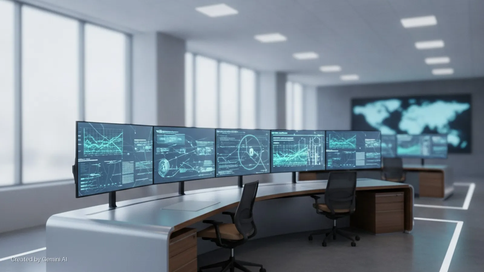 A brightly lit, modern control room features a long, curved desk with multiple monitors displaying blue-green digital data, several office chairs, illuminated floor lines, and a large world map on a screen at the back.