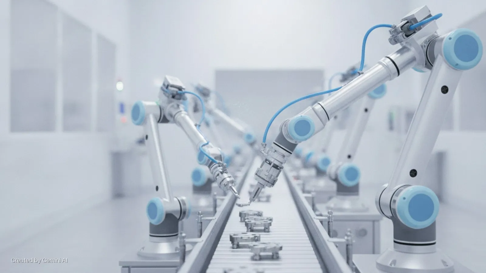 White robotic arms with blue details operate on metallic components moving along a conveyor belt in a brightly lit industrial assembly line.