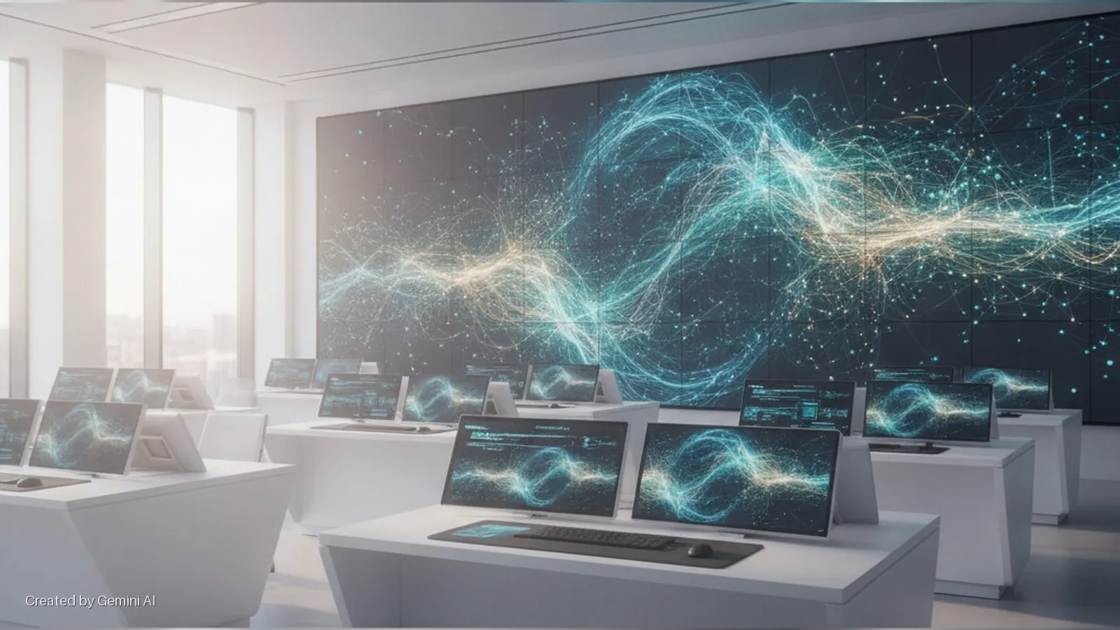 A bright, modern data analysis room features rows of white desks with computer monitors, keyboards, and mice, all displaying abstract glowing data visualizations, with a large multi-panel display wall at the back also showing similar patter