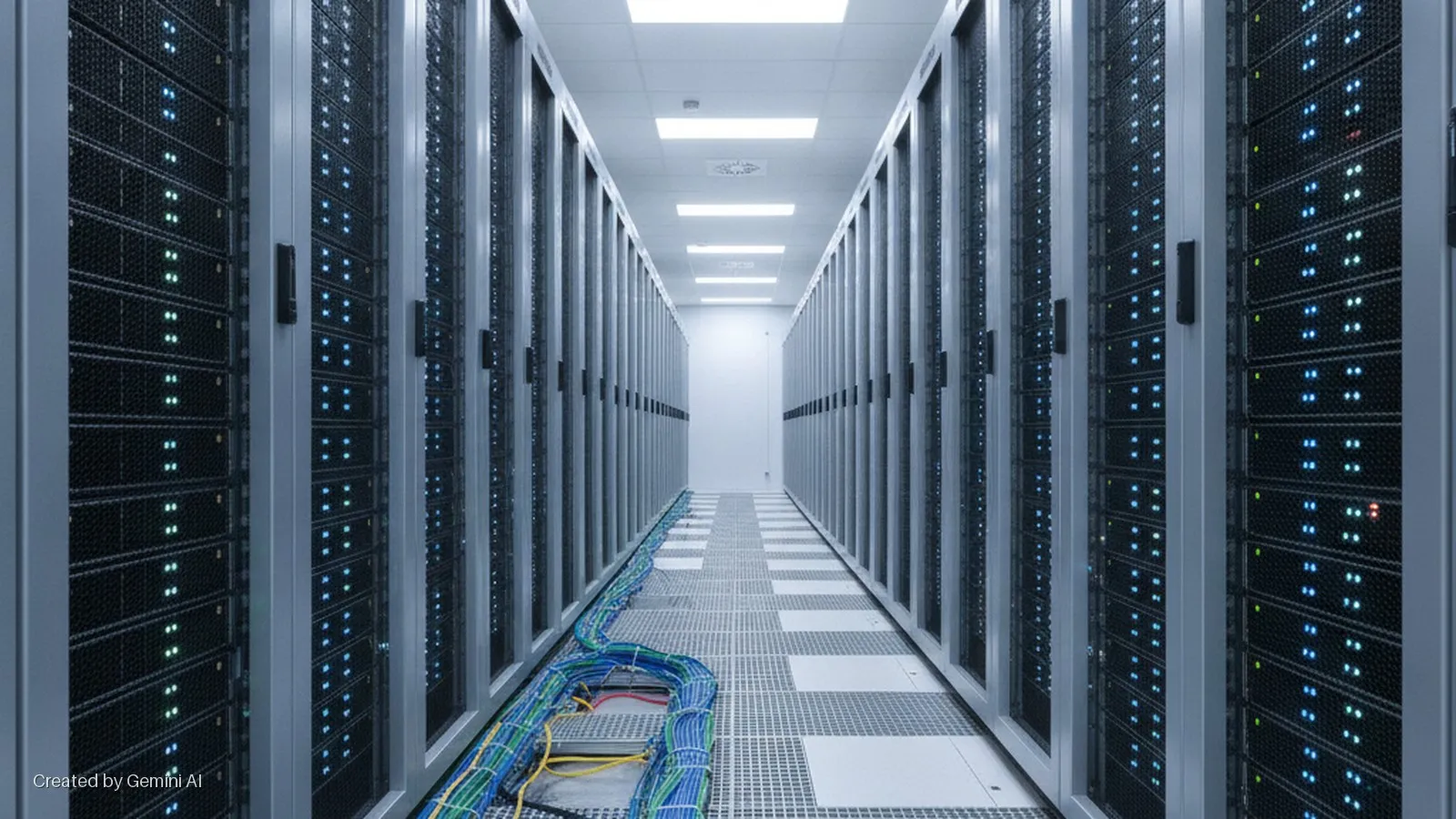 A brightly lit data center aisle features rows of server racks with blinking blue and green indicator lights, colorful network cables on a raised floor, and overhead rectangular lights illuminating the space.