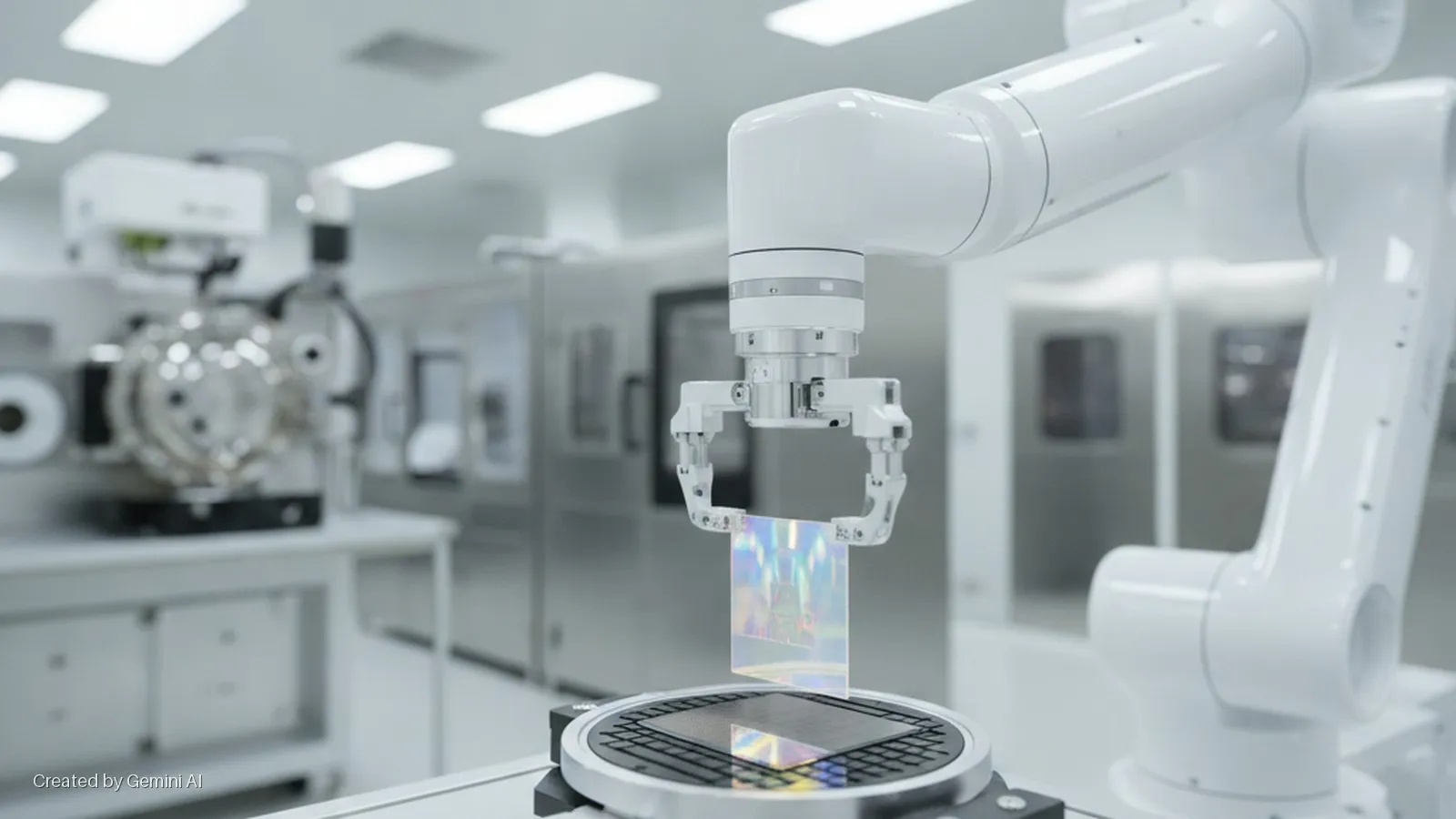 A white robotic arm holds an iridescent semiconductor wafer over a circular grid platform in a brightly lit, sterile cleanroom laboratory with various specialized machines in the background.