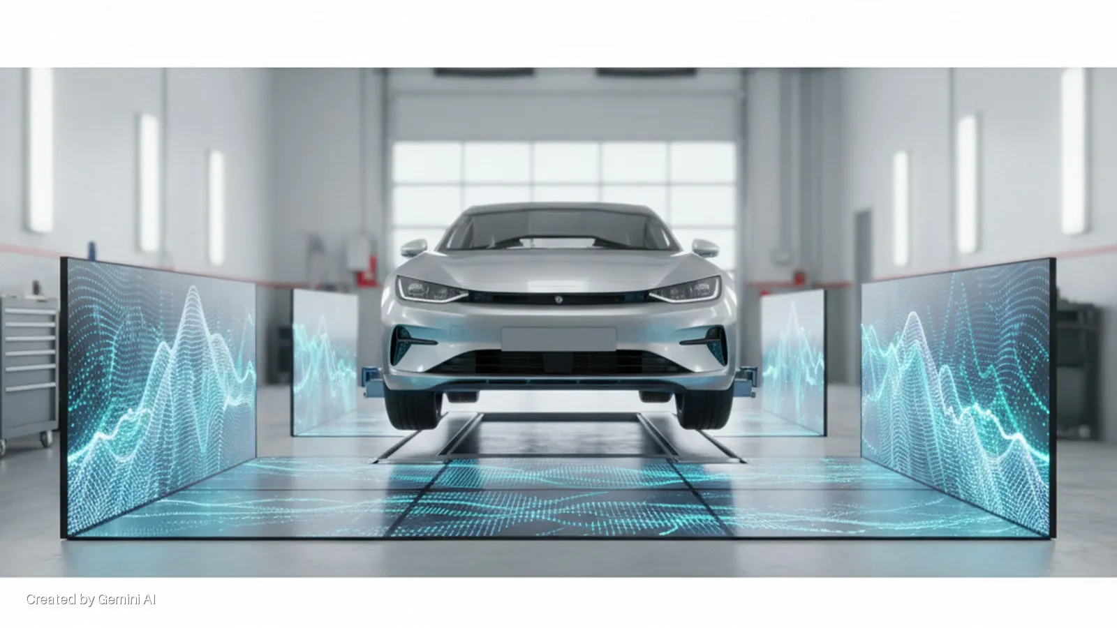 A silver car is positioned on a lift in a brightly lit car service bay, surrounded by large vertical and horizontal LED screens displaying blue digital waveform patterns.