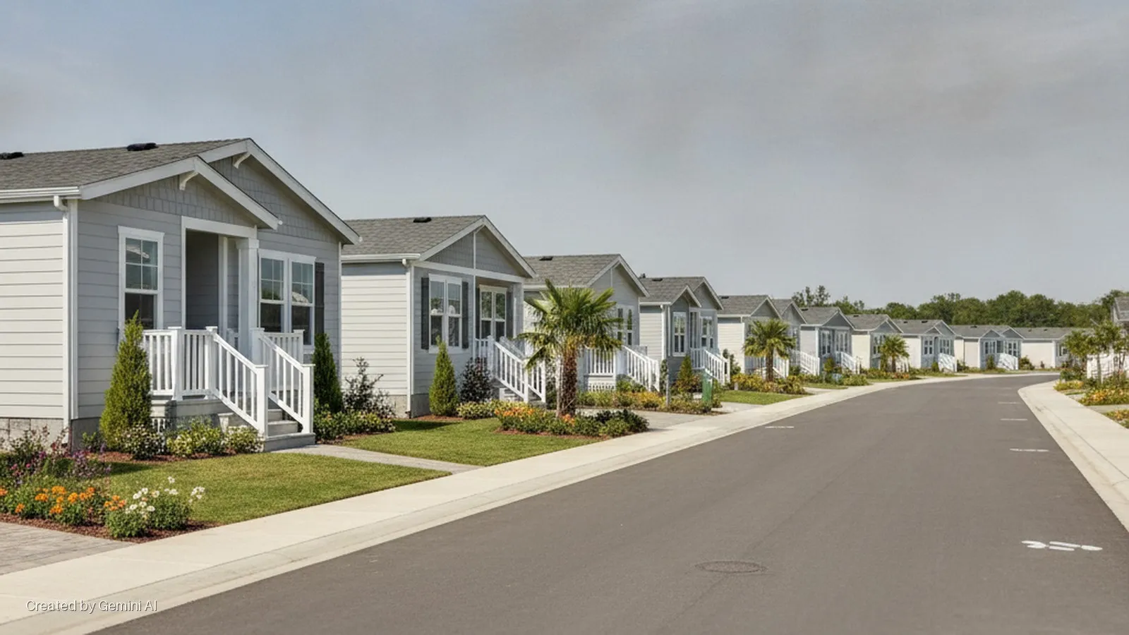 A curving residential street is lined with numerous light gray houses featuring white porches, landscaped front yards with grass and flowers, and scattered palm trees under a bright daytime sky.