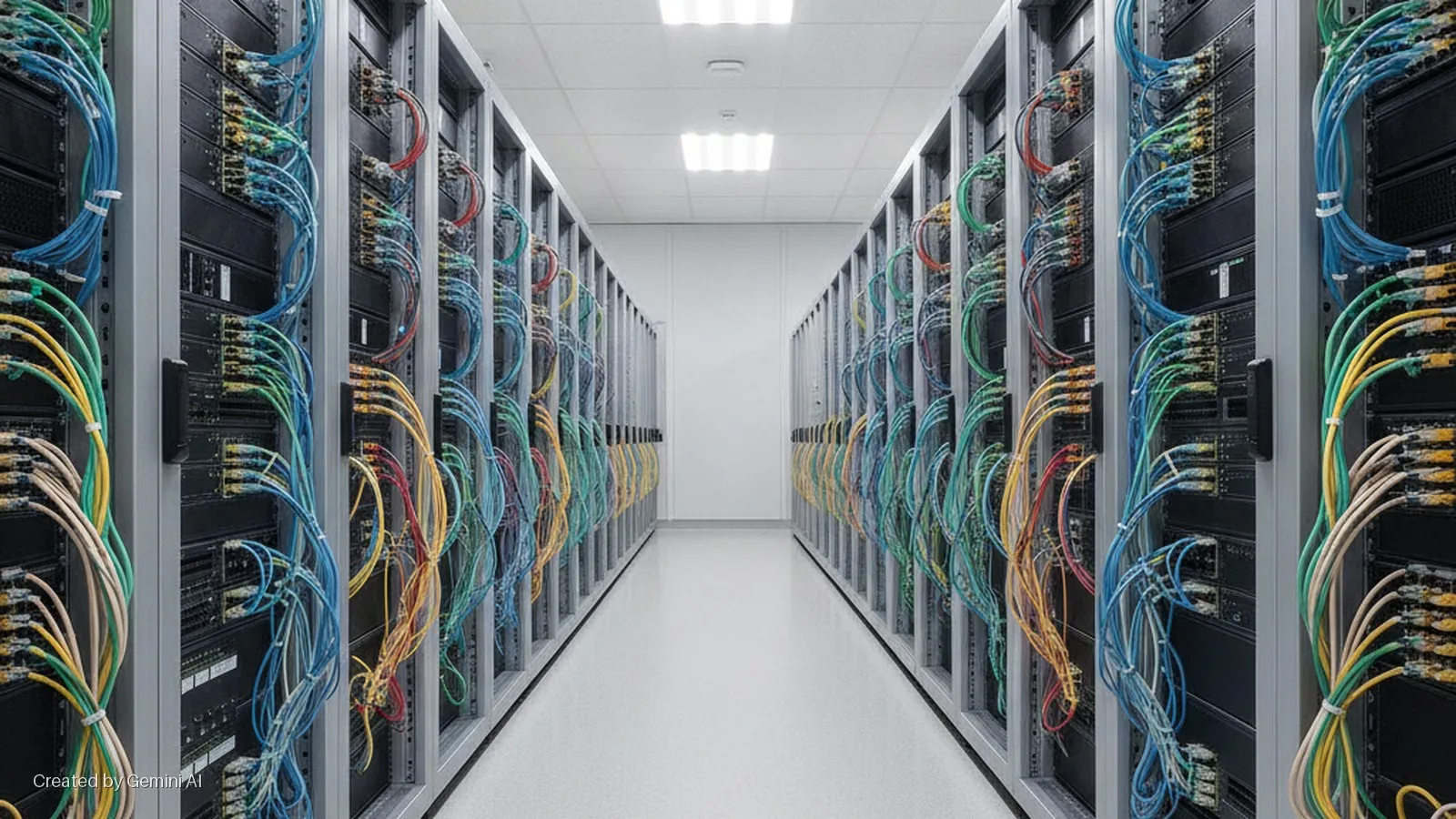 Brightly lit data center aisle lined with server racks showcasing neatly bundled multi-colored network cables connecting various equipment.
