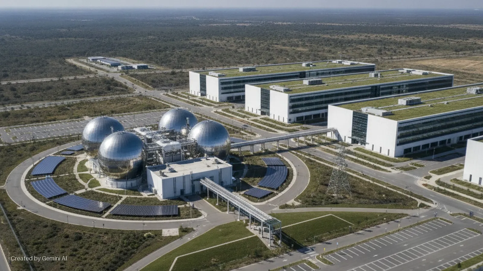 An expansive campus features several reflective spherical buildings, rectangular structures with green roofs, ground-mounted solar panels, a prominent power pylon, roads, and parking lots, all set within a scrubland environment under bright
