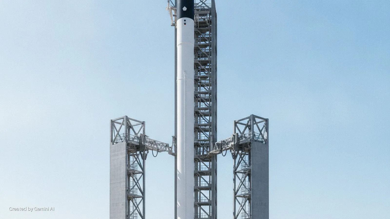 A white and black rocket stands on a launch pad, flanked by a tall central tower and two shorter side towers with connecting arms, under a clear blue sky.