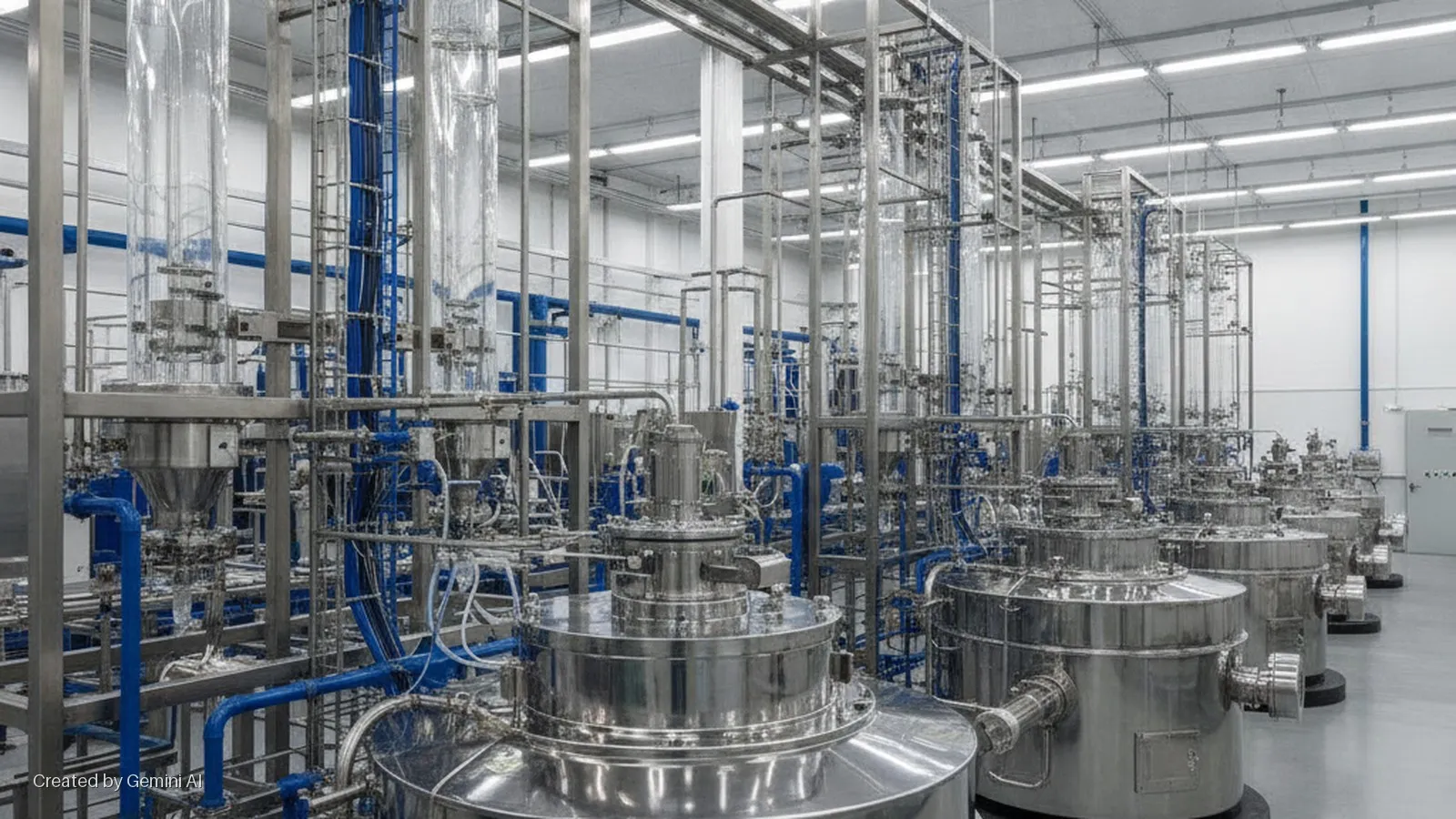 A modern industrial facility with bright overhead lighting, featuring rows of stainless steel processing tanks, clear glass columns, and blue utility pipes connected by metal frameworks.