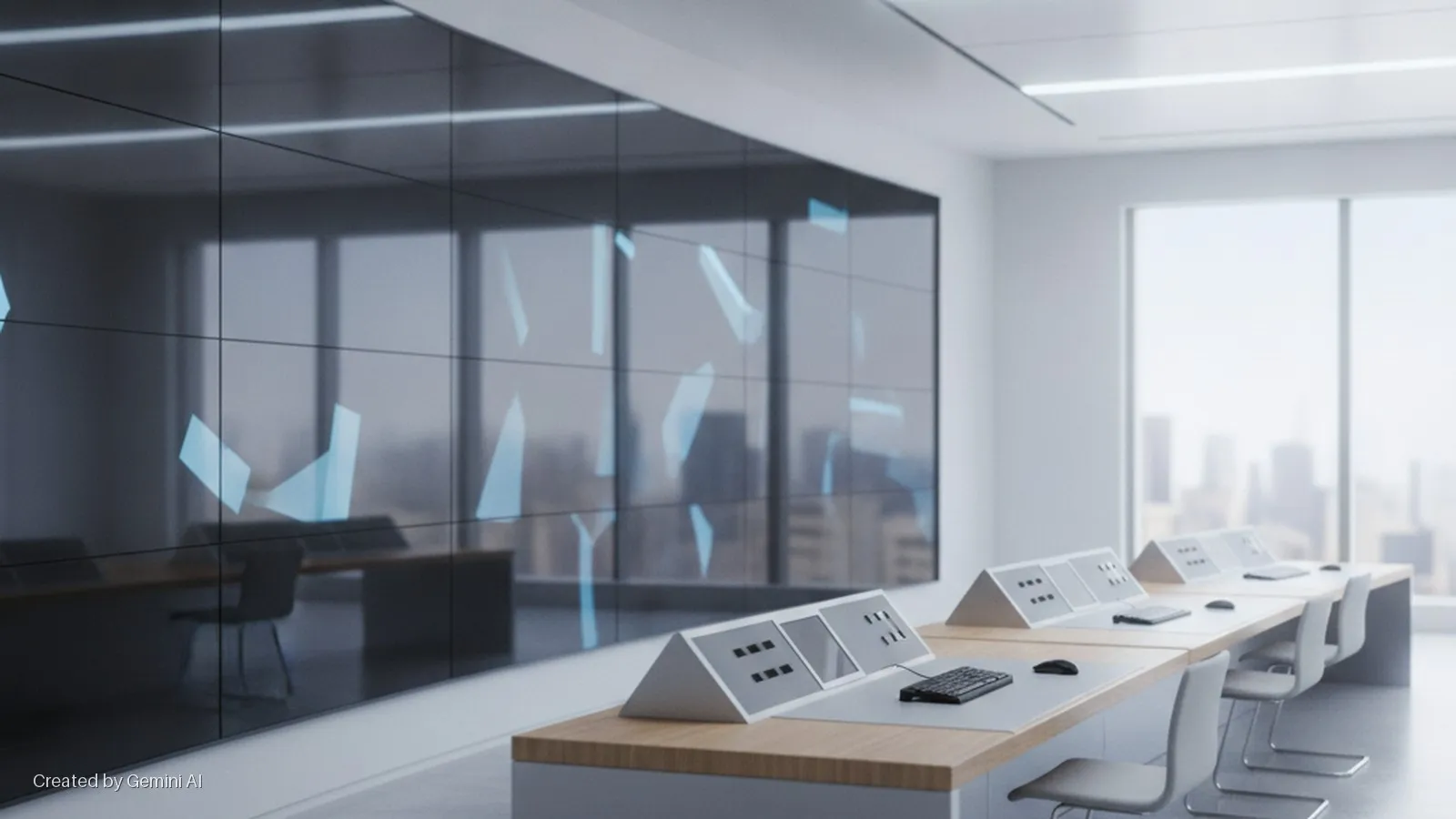A brightly lit, modern control room features a multi-panel video wall displaying abstract blue shapes, a row of light wood desks with control panels, keyboards, mice, and chairs, and large windows revealing a city skyline.