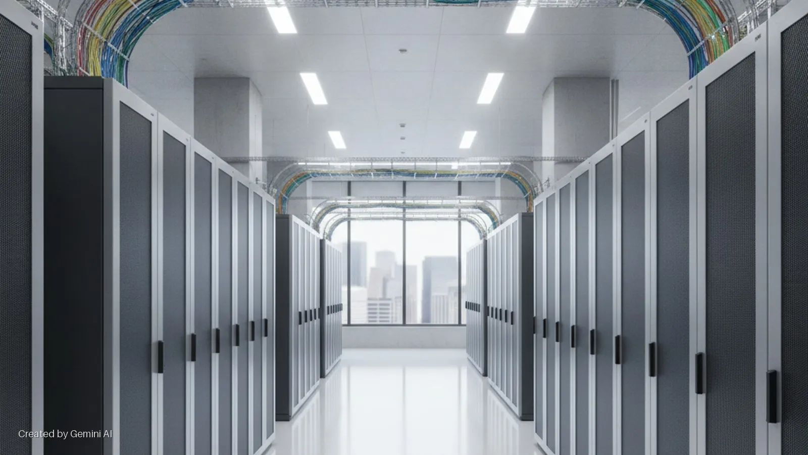 Two rows of server racks line a brightly lit data center corridor with colorful overhead data cables and a blurred cityscape visible through a far window.
