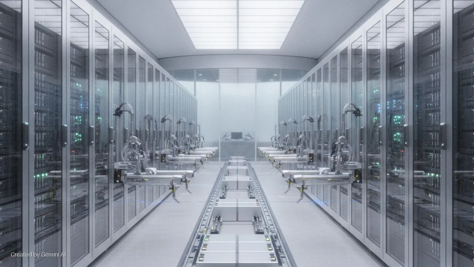 A brightly lit, clean data center features parallel rows of glass-fronted server racks, each flanked by automated robotic systems, with a central track containing several modules leading to a monitor-equipped workstation at the far end.