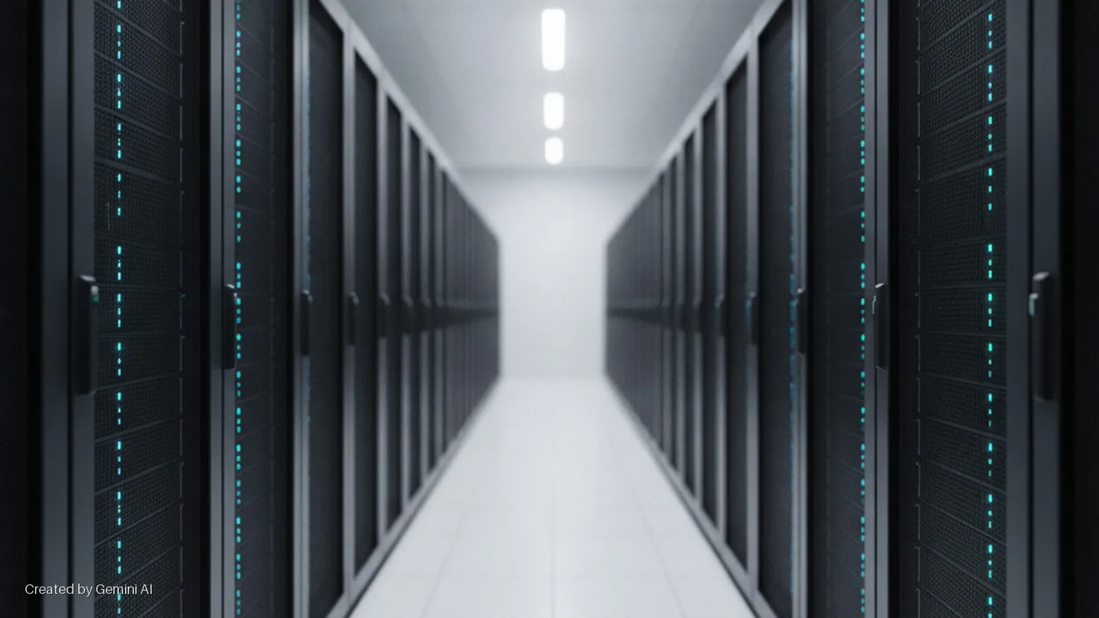 A brightly lit data center aisle features two rows of dark server racks displaying vertical lines of glowing blue status lights, extending into the distance.