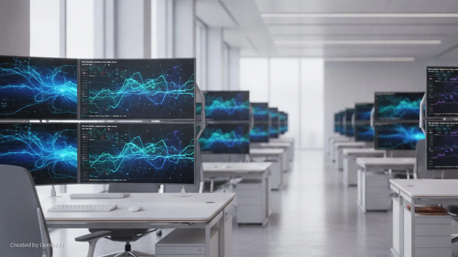 A brightly lit modern office features a foreground desk with four monitors displaying blue and teal abstract network patterns and line graphs, with identical workstations arranged in receding rows.