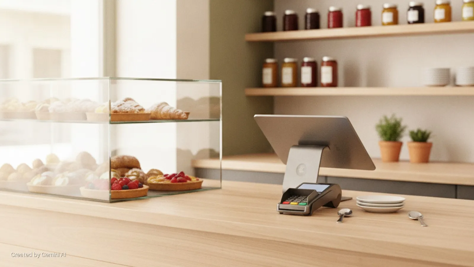 Bright natural light illuminates a bakery or cafe counter featuring a glass display case with pastries, a POS tablet and card reader, small plates, spoons, and jars on background shelves.