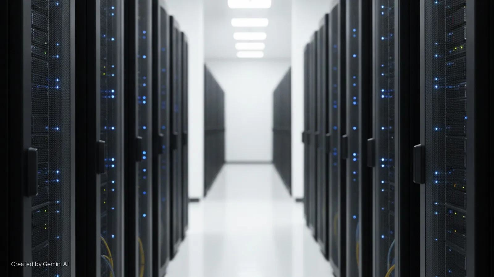A data center aisle lined with black server racks showing glowing blue indicator lights and some yellow cables, illuminated by bright overhead lights.