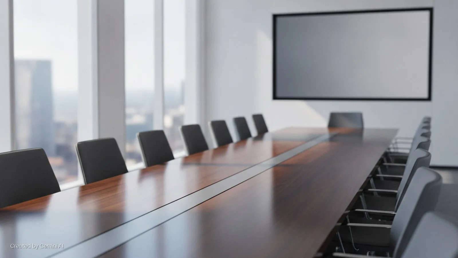 Bright modern conference room featuring a long wooden table, black office chairs, a large wall-mounted screen, and tall windows with a city view.