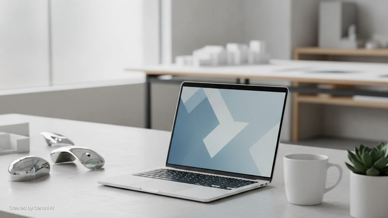 An open laptop displaying a geometric blue and grey pattern, three chrome abstract sculptures, a white mug, and a potted succulent rest on a light grey desk in a brightly lit office, with architectural models in the background.