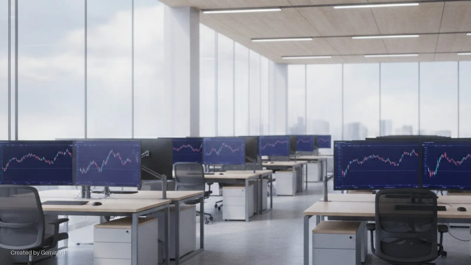 A bright, modern open-plan office features rows of workstations, each with dual monitors displaying financial charts, illuminated by large windows and overhead artificial lighting.
