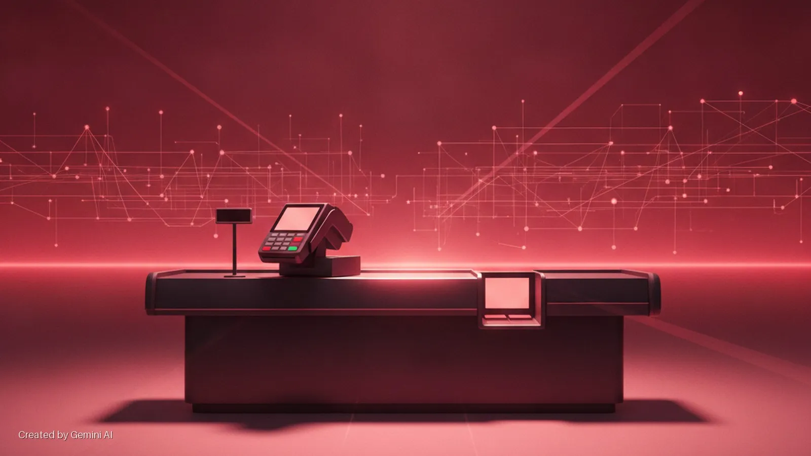 A dark checkout counter with a point-of-sale system, customer display, and recessed scanner is bathed in a red glow against a background of interconnected luminous red lines.
